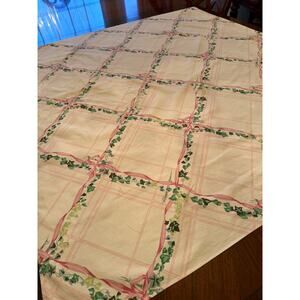 Vintage Pink Ribbon & Ivy Tablecloth bows 47” x 52”  Cotton almost square